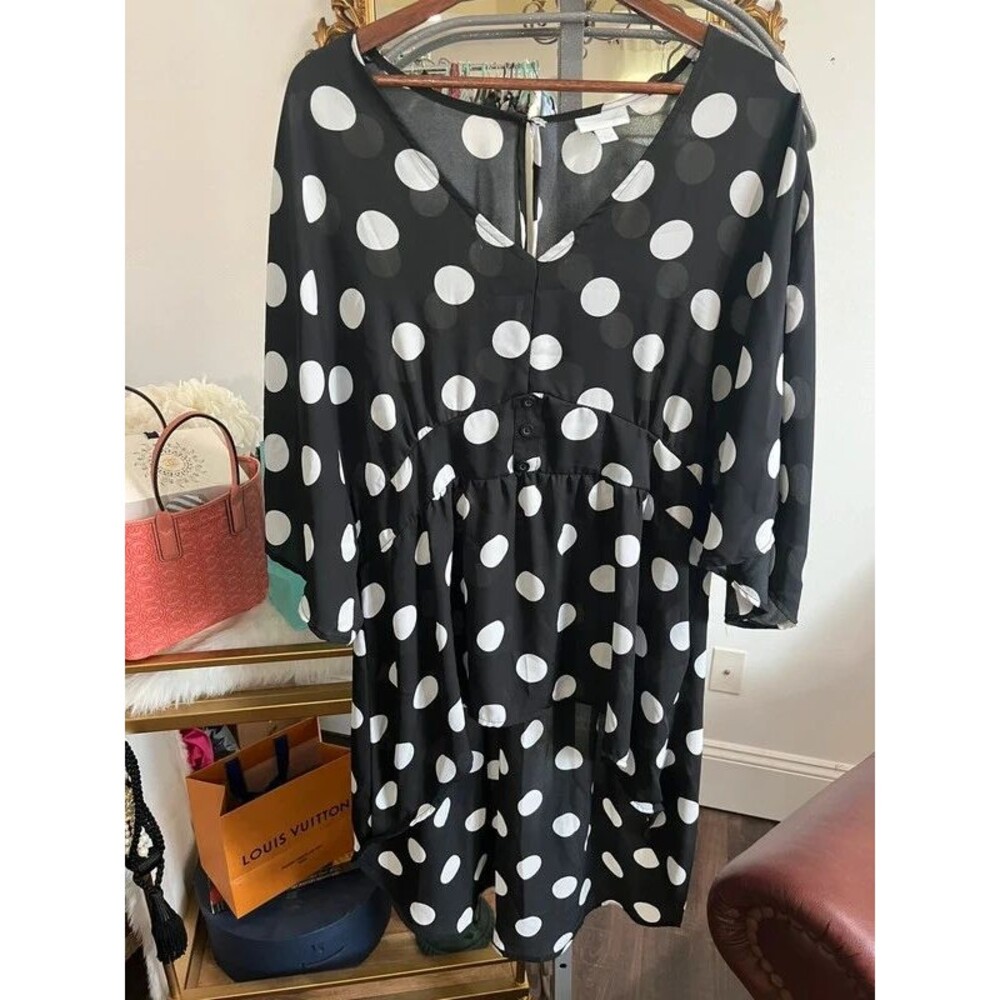 New York & Company Black And White Polka Dot High Low Tunic